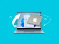 Jak zmienić hasło w komputerze? Laptop z systemem Windows i podłączony dysk Apple. Strzałka i znaki zapytania sugerują proces zmiany.