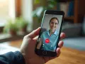 Dłoń trzyma smartfon z rozmową wideo. Na ekranie uśmiechnięta kobieta. Dowiedz się, jak włączyć nagrywanie rozmów w telefonie.