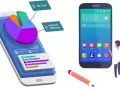 Program do odzyskiwania danych z telefonu pokazuje wykres kołowy pamięci wewnętrznej i karty SD. Obok smartfon z ikonami aplikacji.
