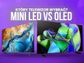 Dwa telewizory, jeden z abstrakcyjnym obrazem w odcieniach niebieskiego i pomarańczowego, drugi z kolorowymi falami. Porównanie technologii: MINI LED vs OLED.