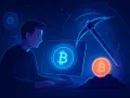 Mężczyzna przy komputerze uczy się, jak kopać kryptowaluty na PC. Wirtualna sieć i symbol Bitcoina sugerują cyfrowy świat.