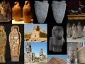 Starożytne artefakty: maska Tutanchamona, sarkofagi, posągi, Sfinks, piramidy i kamień z Rosetty.