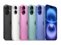 Pięć iPhone'ów 16 w kolorach: czarny, biały, różowy, zielony i fioletowy, prezentuje paletę barw.