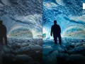 Porównanie obrazu z i bez Dolby Vision. Widok jaskini lodowej z postacią, gdzie Dolby Vision podkreśla głębię i kolory.