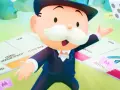 Pan Monopoly zaprasza do gry, gdzie czekają darmowe spiny Monopoly Go! W tle zielone drzewa i kostki.