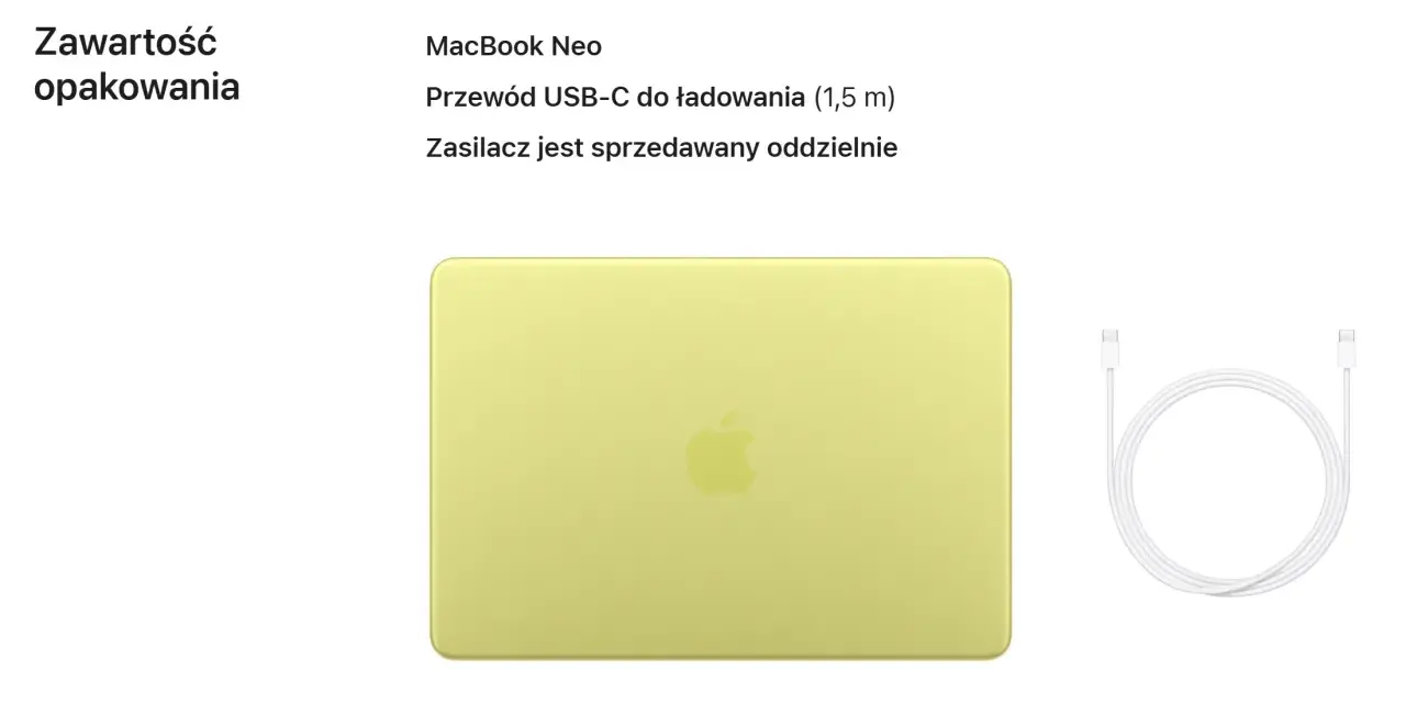 Kiedy nowy MacBook Neo, w zestawie przewód USB-C. Zasilacz kupisz osobno.