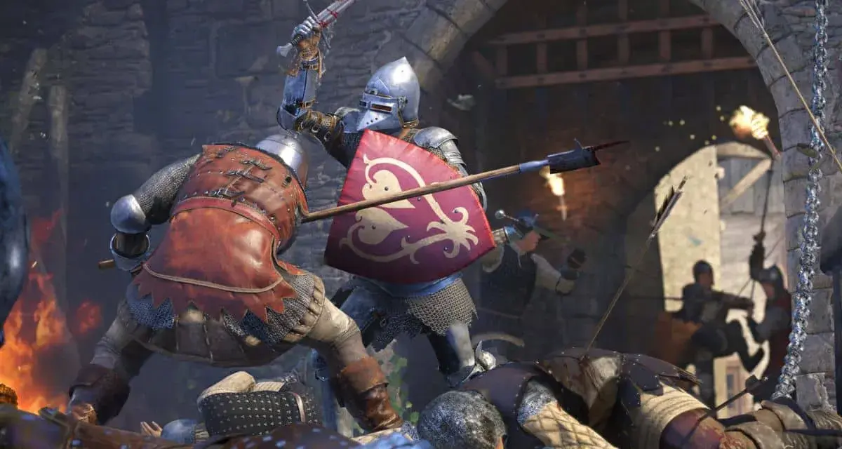 Zacięta bitwa w Kingdom Come: Deliverance. Rycerze w zbrojach walczą mieczami i tarczami, wokół leżą pokonani. Kody do gry mogą pomóc w tej brutalnej walce.