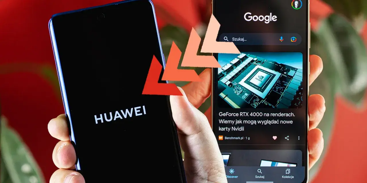 Dwa telefony: jeden z logo HUAWEI, drugi z wyszukiwarką Google. Porównanie technologii.
