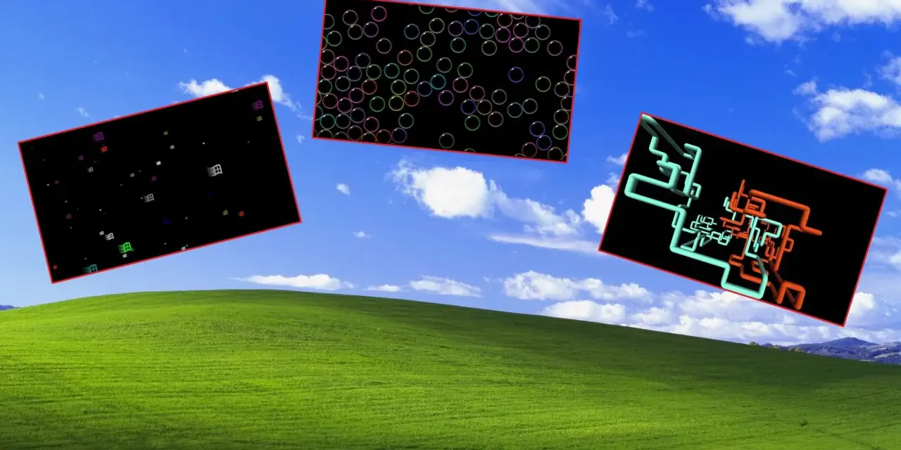 Trzy czarne prostokąty unoszą się nad zielonym wzgórzem, przypominając wygaszacz ekranu Windows 11. Jeden zawiera kolorowe bańki, drugi ikony, a trzeci abstrakcyjne, kolorowe rury.