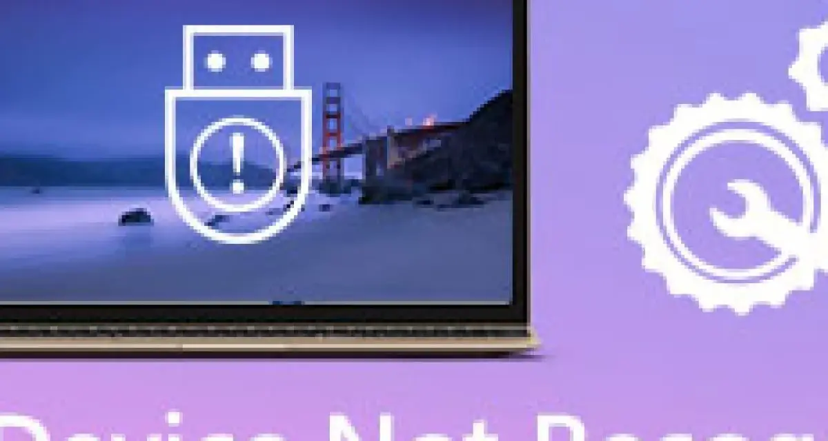 Komputer wyświetla komunikat "nie rozpoznano urządzenia usb". Ikona pendrive'a z wykrzyknikiem na tle mostu Golden Gate.
