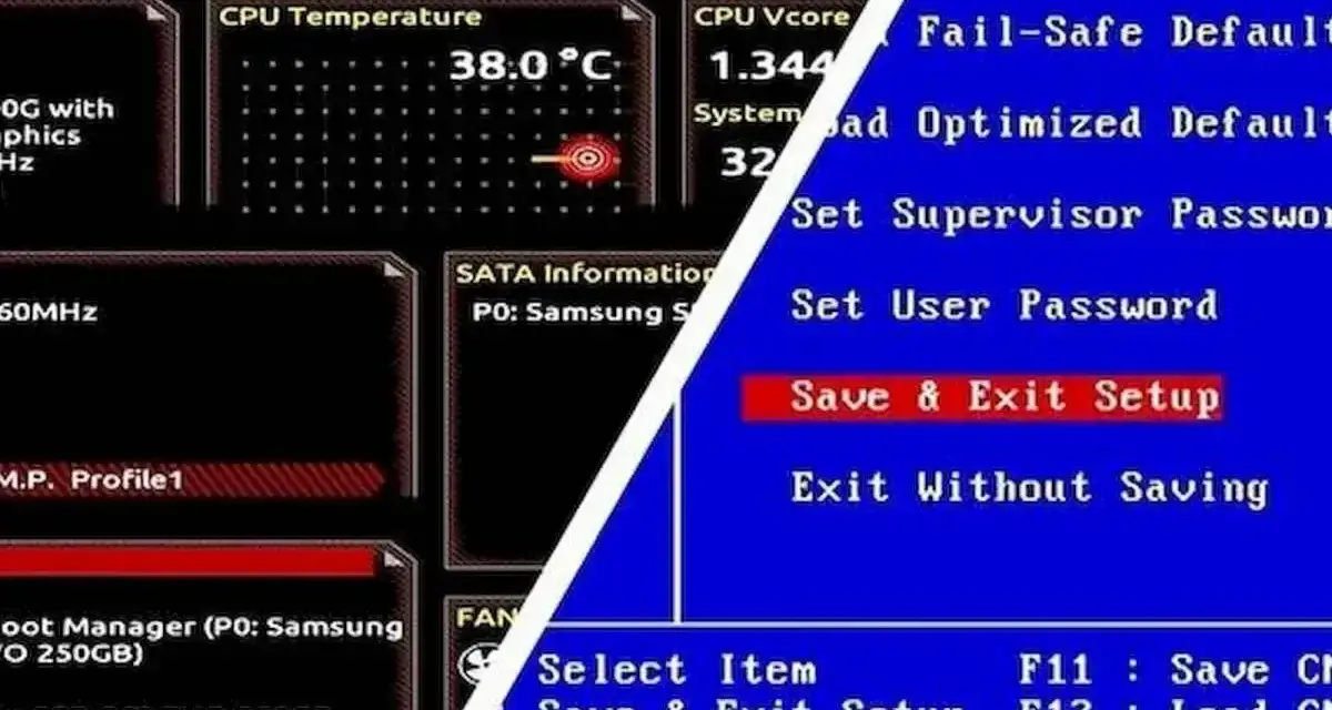 Ekran BIOS-u z informacjami o temperaturze CPU i opcjami, w tym "Save & Exit Setup", co jest kluczowe, gdy zastanawiasz się, jak zaktualizować BIOS.