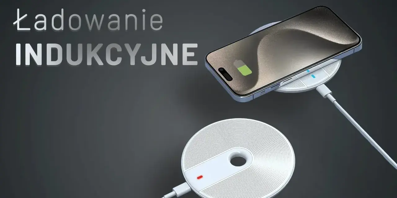 Nowoczesne ładowanie indukcyjne Samsung. Telefon na białej ładowarce, podłączonej kablem.