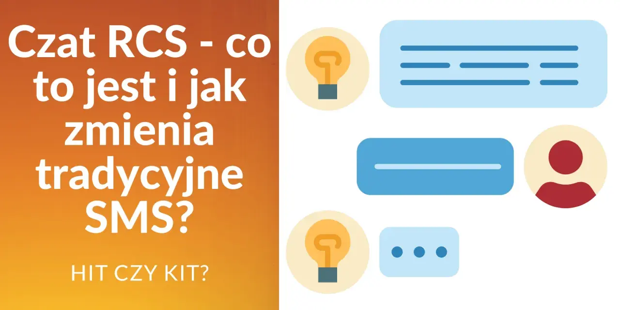 Czat RCS - co to jest i jak zmienia tradycyjne SMS? Ikony czatu i żarówki sugerują innowację.