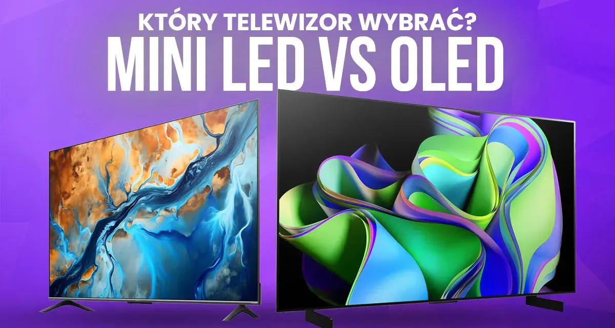 Dwa telewizory, jeden z abstrakcyjnym obrazem w odcieniach niebieskiego i pomarańczowego, drugi z kolorowymi falami. Porównanie technologii: MINI LED vs OLED.