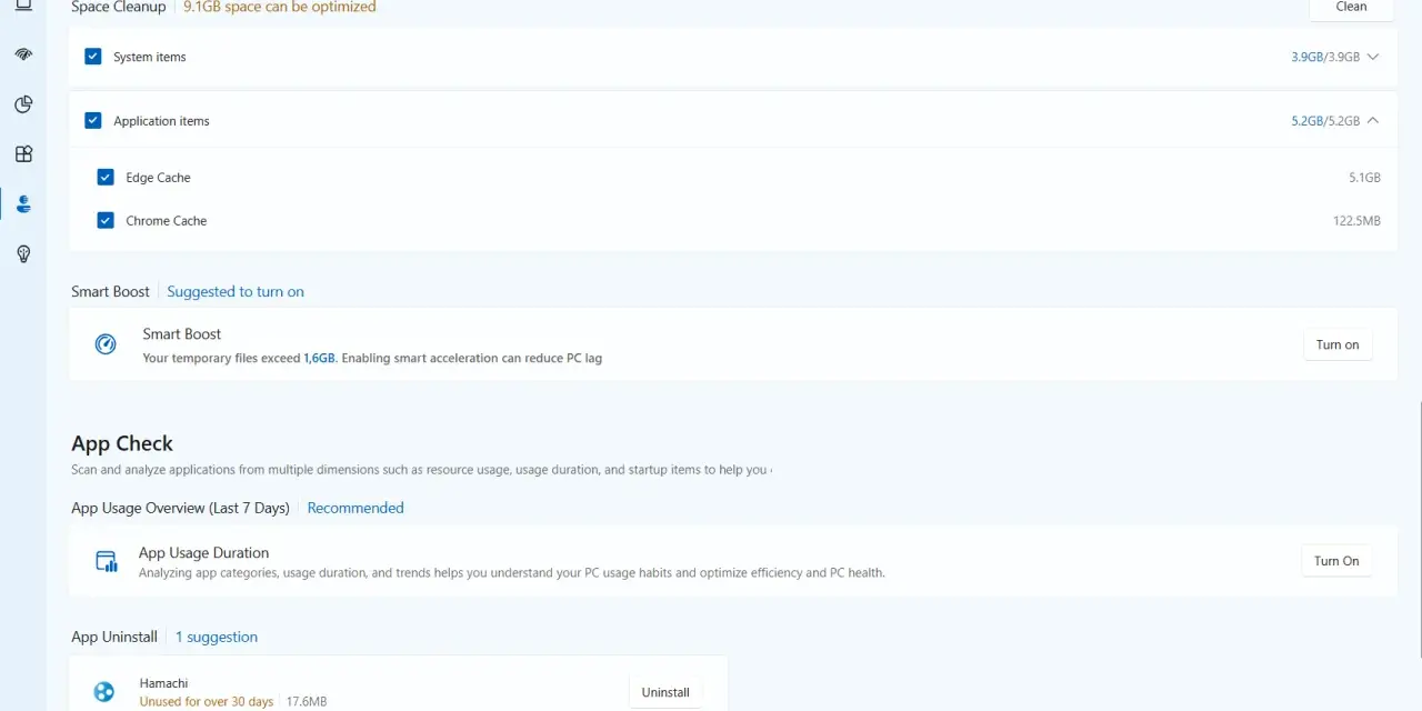 Microsoft PC Manager: Sprawdź stan dysku, optymalizuj miejsce (9.1GB do zwolnienia), włącz Smart Boost i analizuj użycie aplikacji.