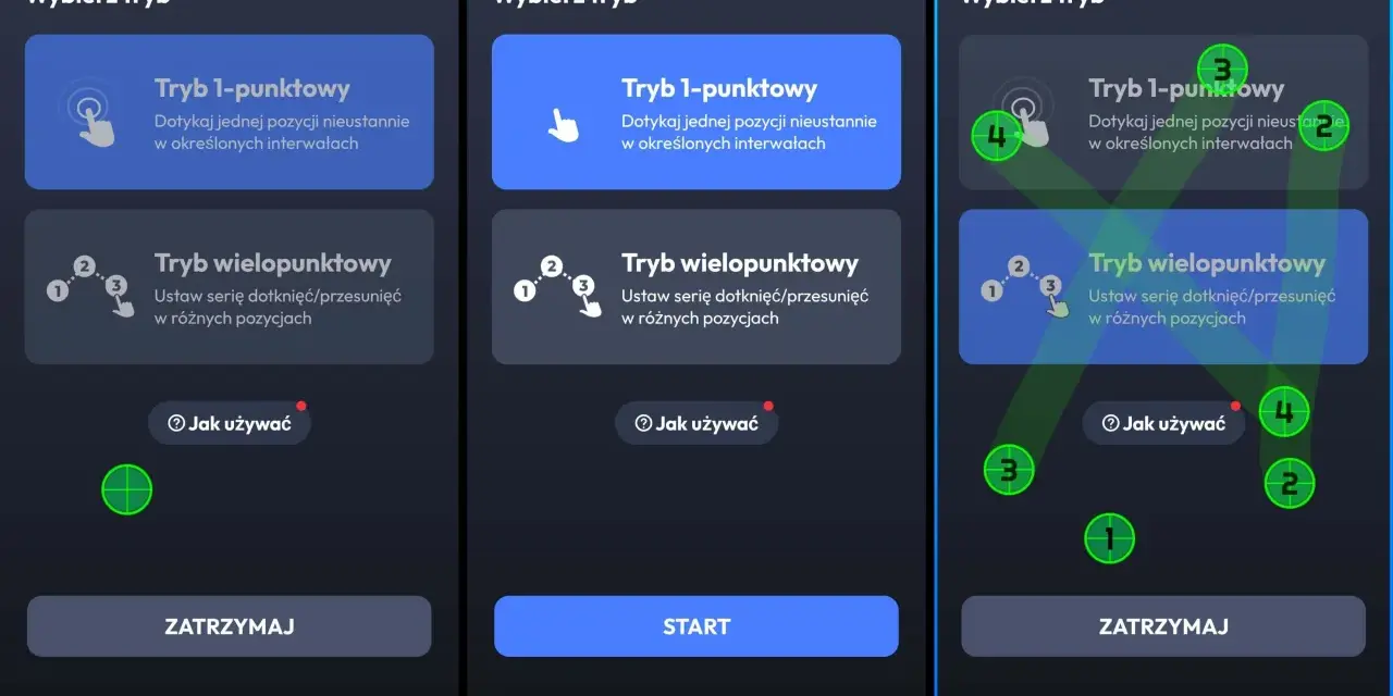 Ekran aplikacji auto clicker z opcjami trybu 1-punktowego i wielopunktowego. Widoczne są przyciski "Start", "Zatrzymaj" i "Gotowe".
