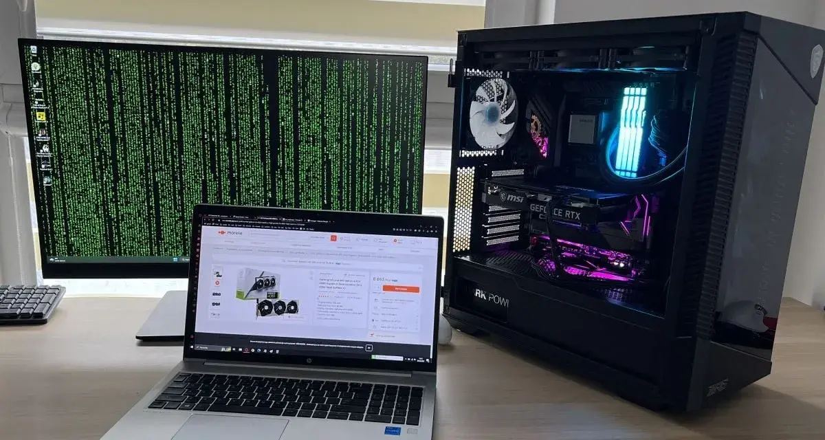 Stacja robocza z dwoma monitorami, laptopem i podświetlaną obudową PC. Dowiedz się, jak podłączyć dwa monitory do laptopa.