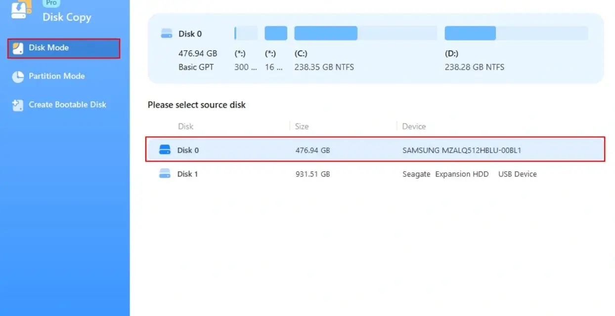 Interfejs programu do kopiowania dysków. Wybrano tryb "Disk Mode", zaznaczono "Disk 0" jako dysk źródłowy, gotowy do wykonania operacji, jak sklonować dysk.