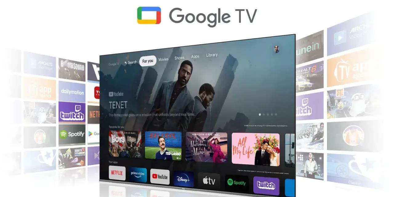Google TV to platforma streamingowa z filmami i serialami. Na ekranie widać interfejs z tytułem "Tenet" i rekomendacjami.