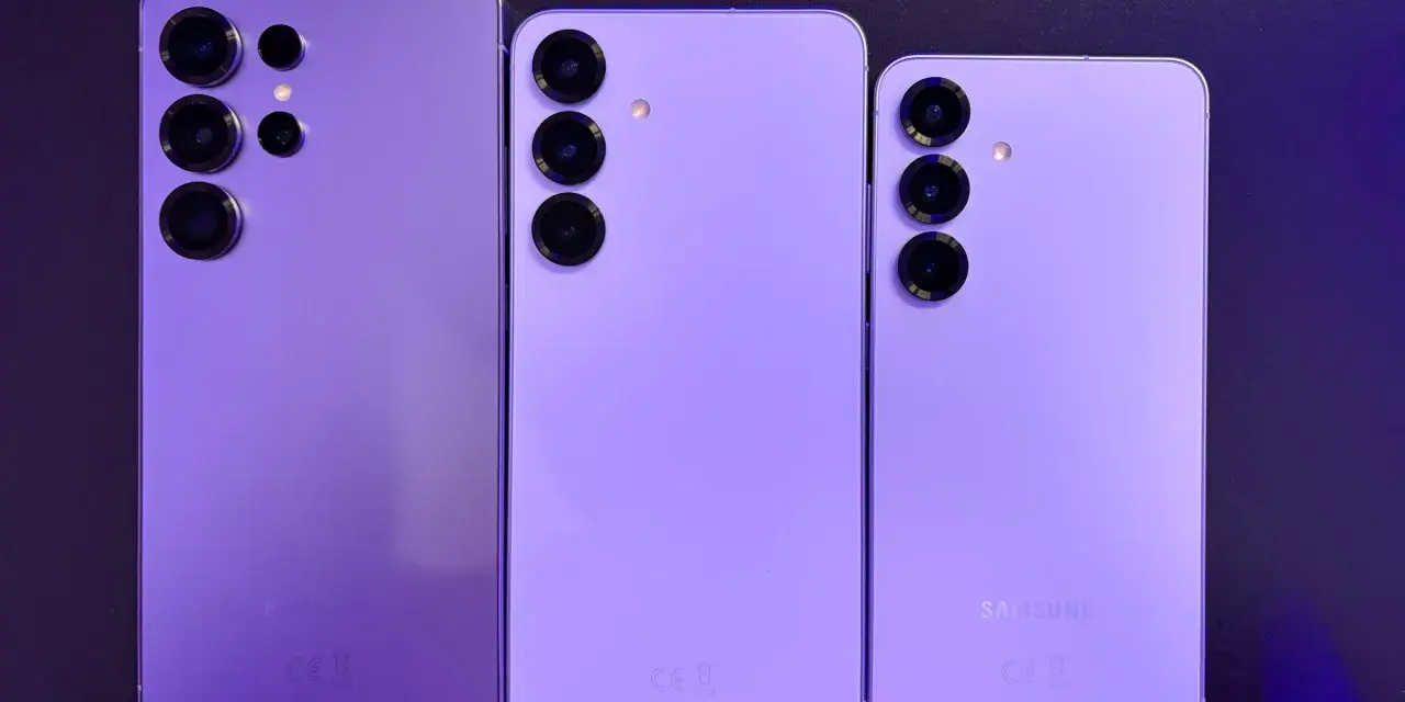 Trzy fioletowe smartfony Samsung, w tym model z czterema aparatami, zapowiadają premierę Samsung S26.