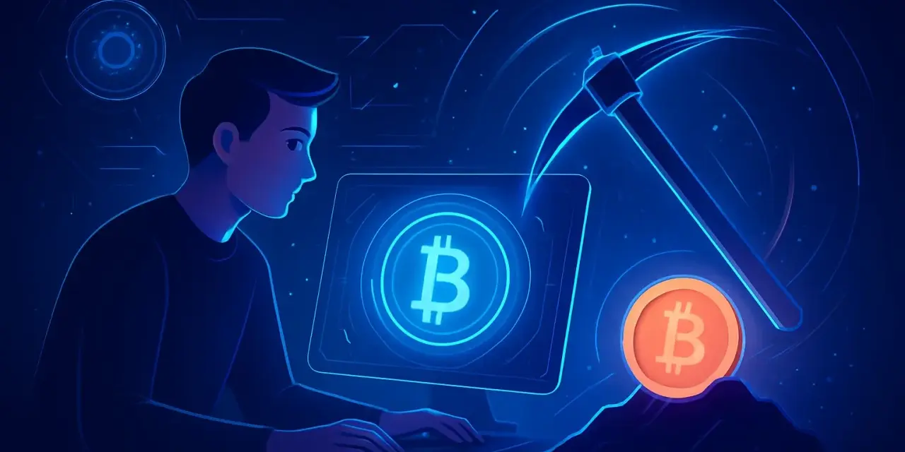 Mężczyzna przy komputerze uczy się, jak kopać kryptowaluty na PC. Wirtualna sieć i symbol Bitcoina sugerują cyfrowy świat.