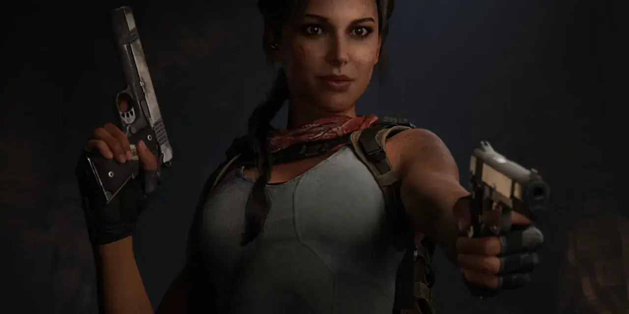 Lara Croft, w nowym tomb raider, gotowa do akcji z dwoma pistoletami.