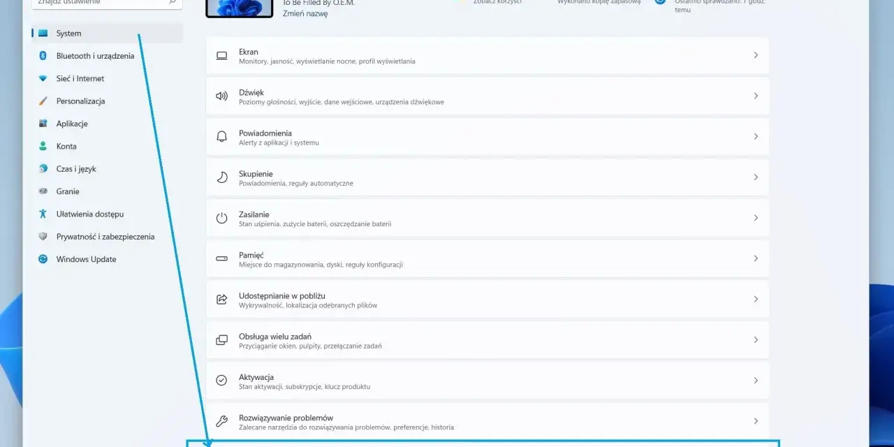 Ustawienia systemu Windows, sekcja "Odzyskiwanie" - tu znajdziesz opcje, jak sformatować komputer, resetując go lub uruchamiając zaawansowane opcje.