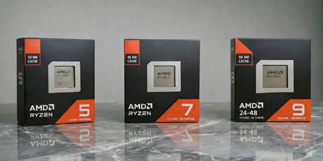 Trzy pudełka z procesorami nowe procesory AMD Ryzen 5, 7 i 9, z różną ilością pamięci cache i rdzeni.