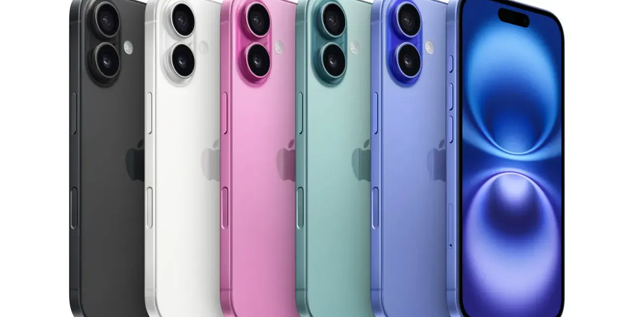 Pięć iPhone'ów 16 w kolorach: czarny, biały, różowy, zielony i fioletowy, prezentuje paletę barw.