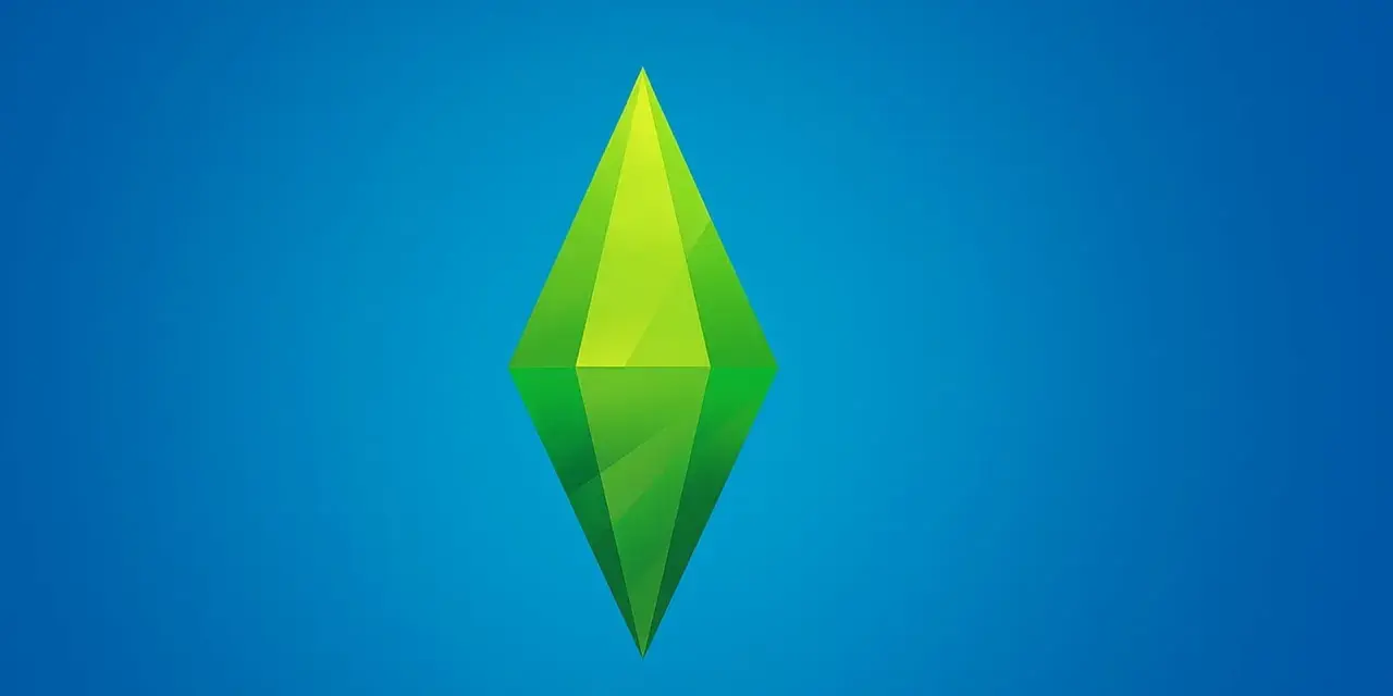 Zielony, geometryczny symbol na niebieskim tle, przypominający klejnot. To logo The Sims 4, gry, w której można używać specjalnych kodów.