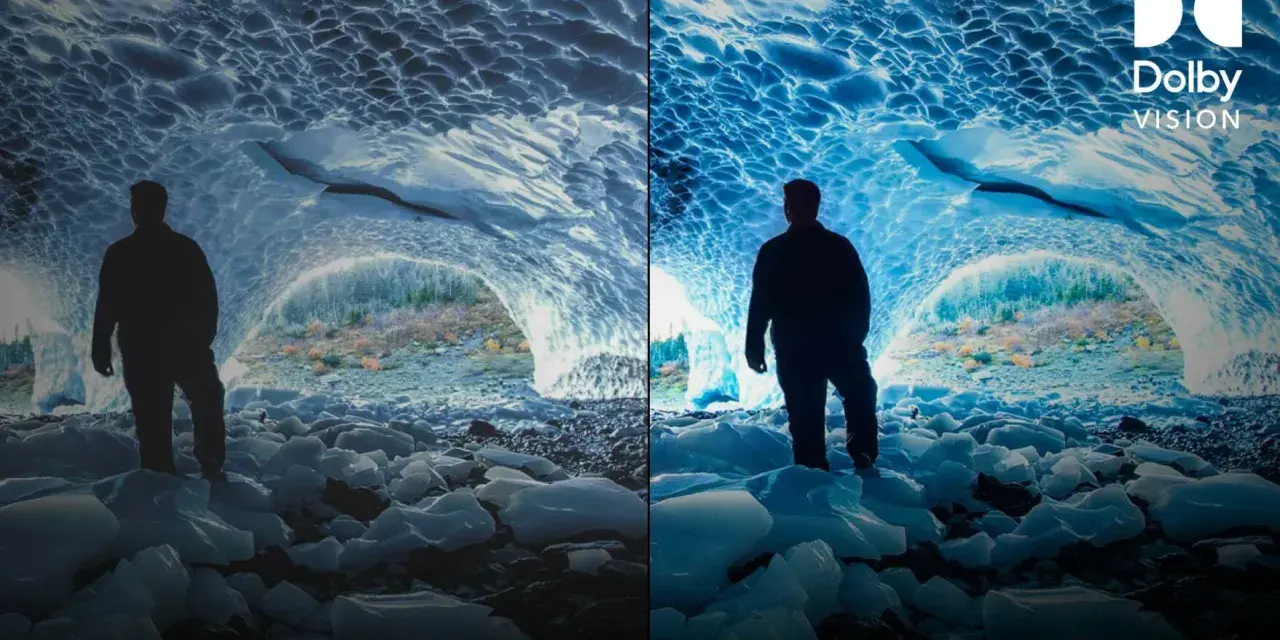 Porównanie obrazu z i bez Dolby Vision. Widok jaskini lodowej z postacią, gdzie Dolby Vision podkreśla głębię i kolory.