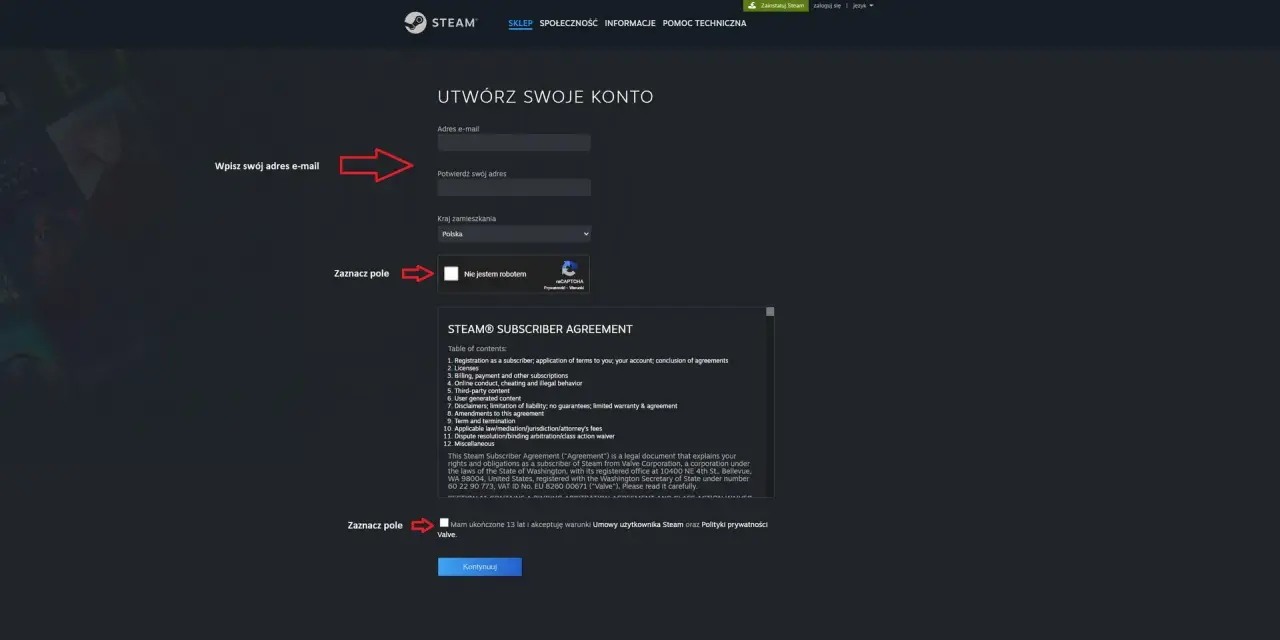 Tworzenie konta Steam, wpisanie adresu e-mail i potwierdzenie akceptacji warunków, aby móc dokonać steam aktywacja klucza.