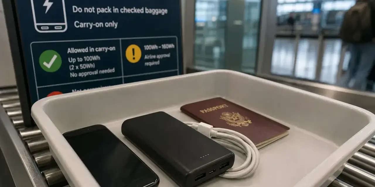 Na lotnisku, na taśmie do kontroli bezpieczeństwa, leżą telefon, powerbank i paszport. Znak informuje, jaki powerbank do samolotu można zabrać.