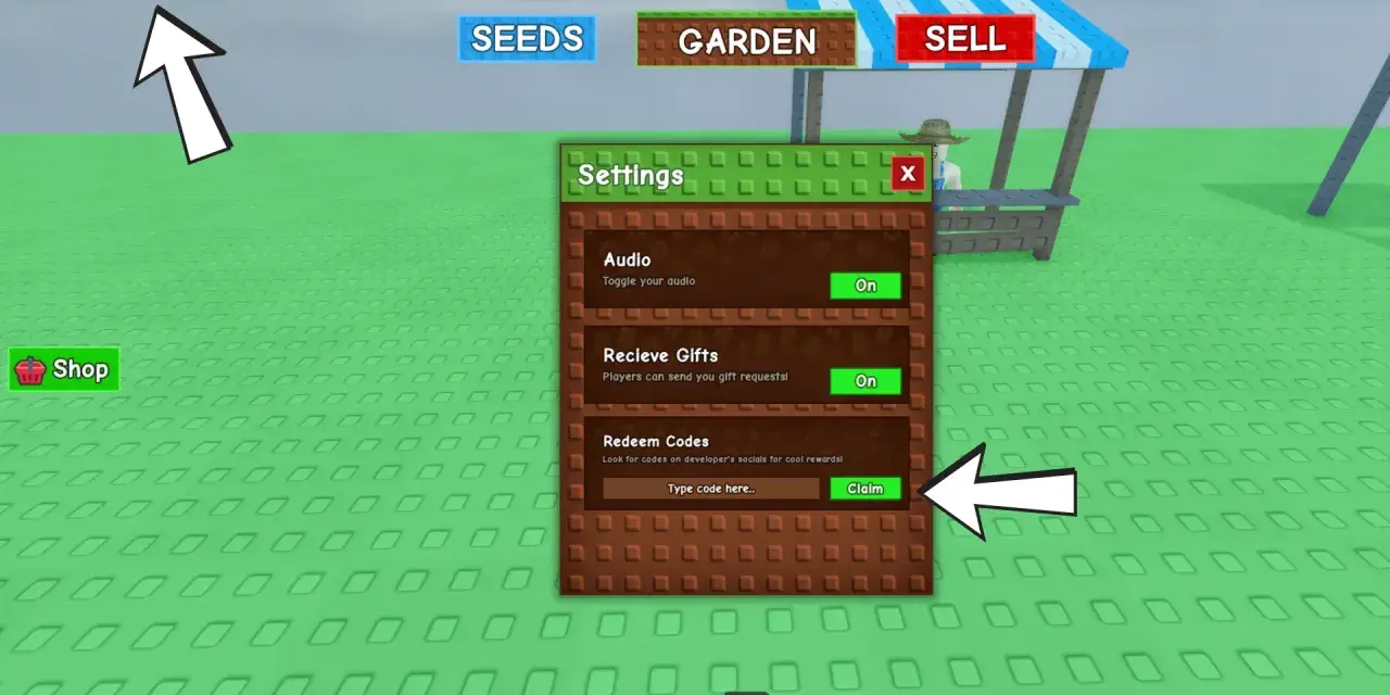 Ustawienia gry z opcją wpisywania kodów do grow a garden.