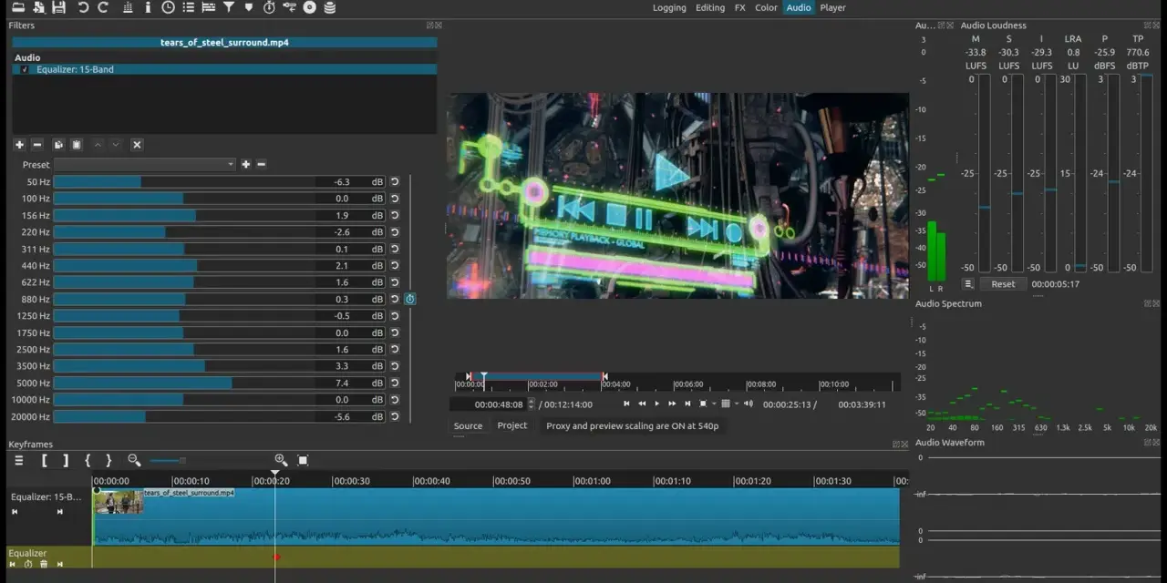 Shotcut, program do łączenia filmów, z widocznym edytorem audio i wizualizacją dźwięku.