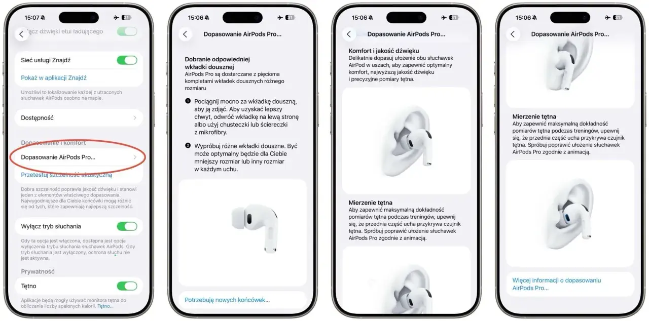 Ekran ustawień AirPods Pro 3 z opcją dopasowania i pomiaru tętna.