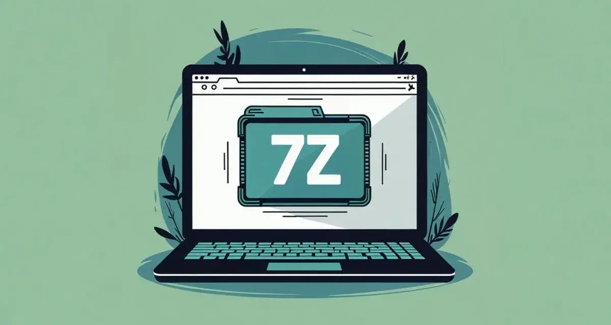 Ilustracja laptopa z ikoną folderu 7z na ekranie. Dowiedz się, jak otworzyć plik 7z.