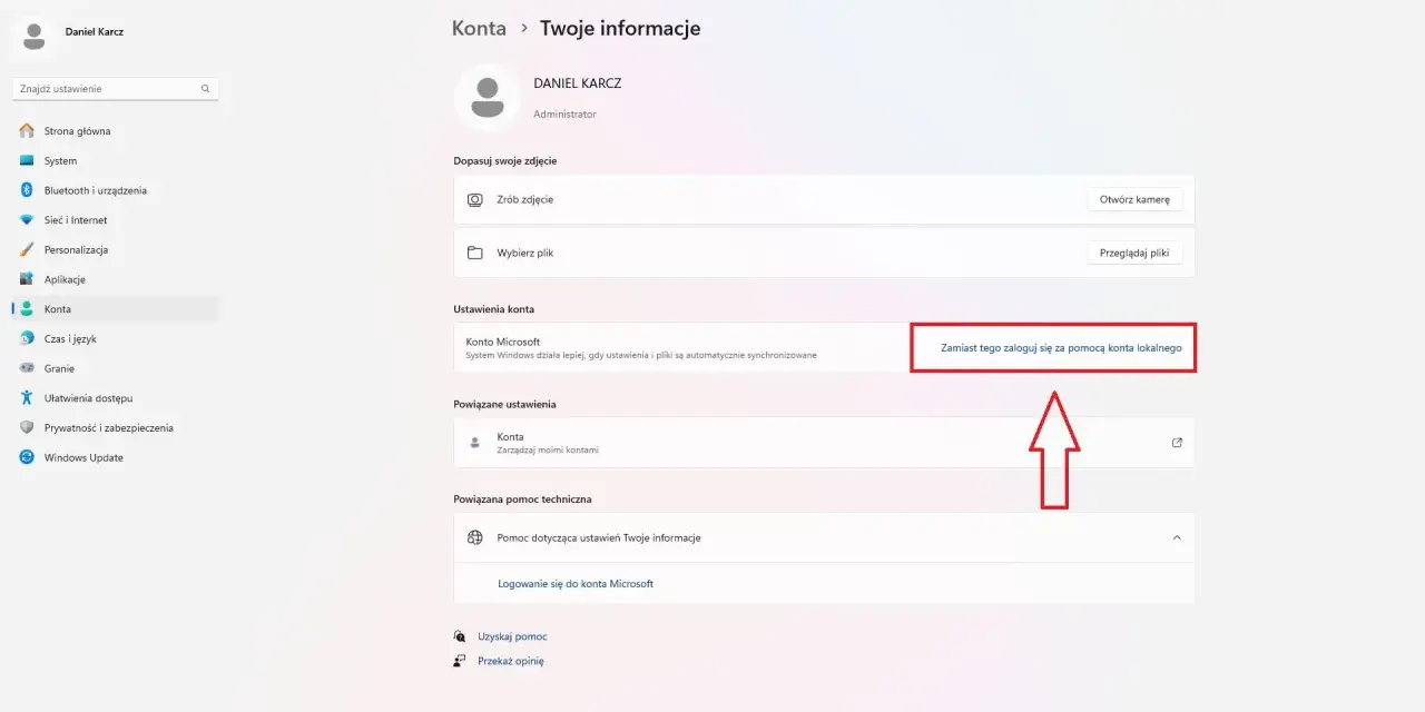 Ustawienia konta Windows 11: opcja "Zamiast tego zaloguj się za pomocą konta lokalnego" pozwala na zmianę sposobu logowania.