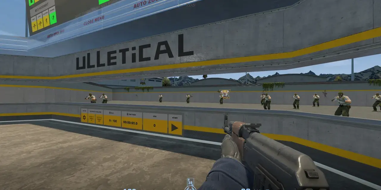 Gracz ćwiczy celność na mapie treningowej CS:GO, celując w boty. Widoczny jest interfejs gry z informacjami o postępach w wyzwaniu "The Aim Botz Challenge".