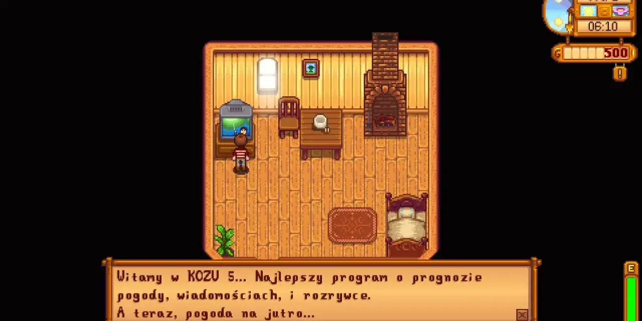 Postać w Stardew Valley słucha prognozy pogody w spolszczeniu.