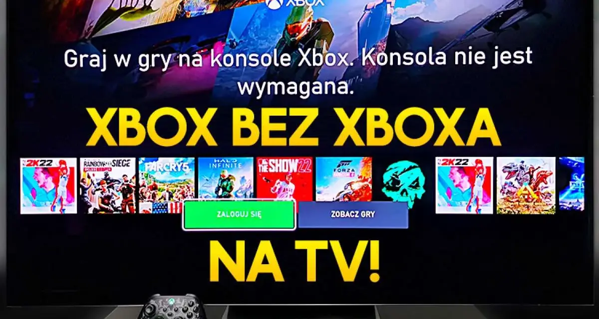 Graj w gry na telewizor bez konsoli Xbox! Ekran TV wyświetla kolekcję gier, zachęcając do zabawy.