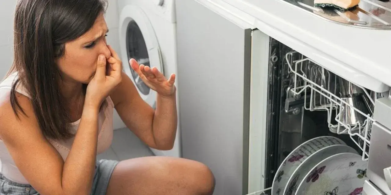 Nieprzyjemny zapach ze zmywarki Electrolux? Czas na czyszczenie! Kobieta zatyka nos, widząc brudne naczynia.