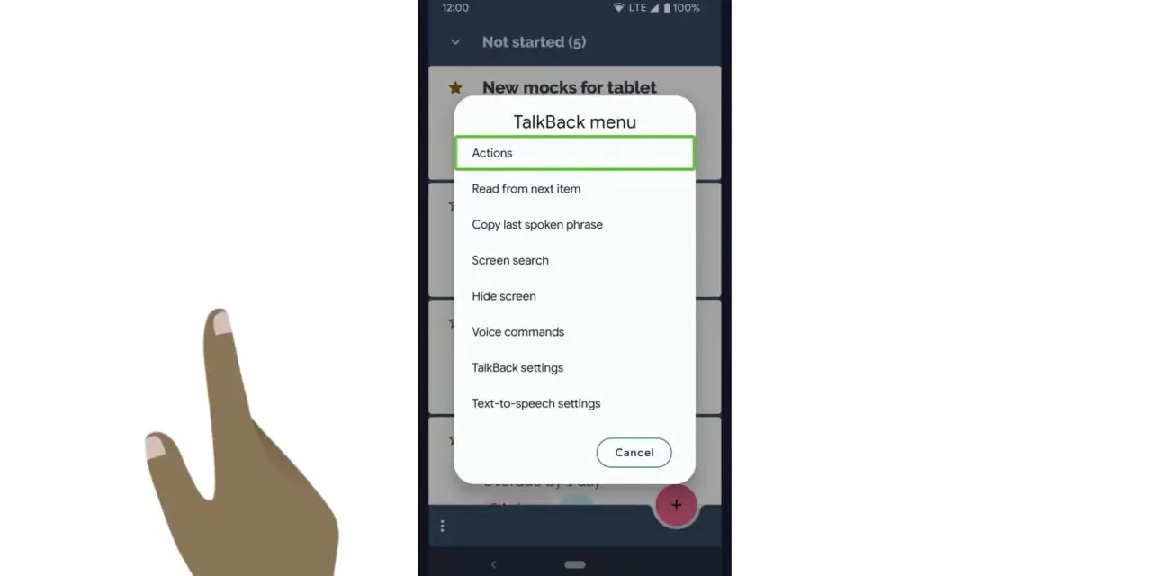 Menu TalkBack z opcjami, w tym "TalkBack settings", pomoże Ci dowiedzieć się, jak wyłączyć TalkBack.