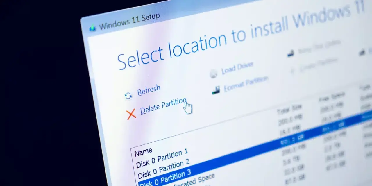 Instalator Windows 11 pokazuje opcje zarządzania partycjami. Kliknięcie "Usuń partycję" to pierwszy krok, by dowiedzieć się, jak sformatować dysk z systemem.