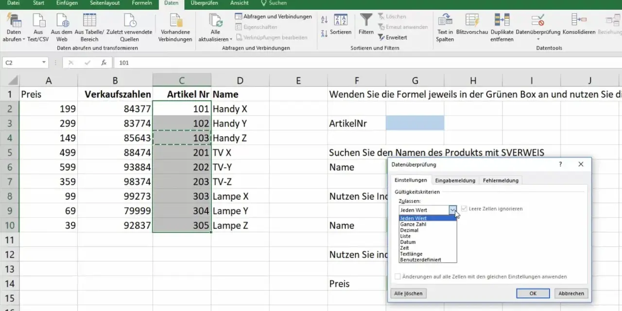 Excel blokowanie komórek: okno "Kontrola poprawności danych" z zaznaczoną opcją "Każda wartość" i zaznaczonym polem "Ignoruj puste komórki".