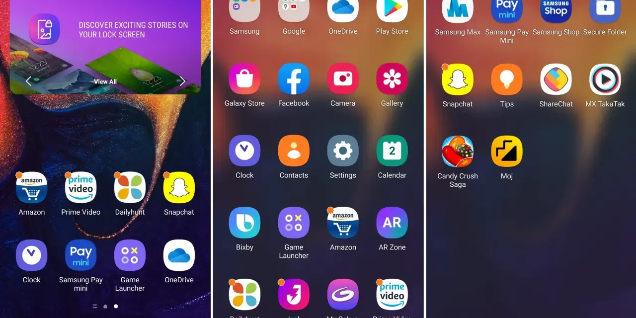 Ekran telefonu z ikonami aplikacji, w tym Samsung, Google, OneDrive, Play Store, Facebook, Snapchat. Widoczny też baner "Glance on Samsung" - to właśnie appcloud co to.