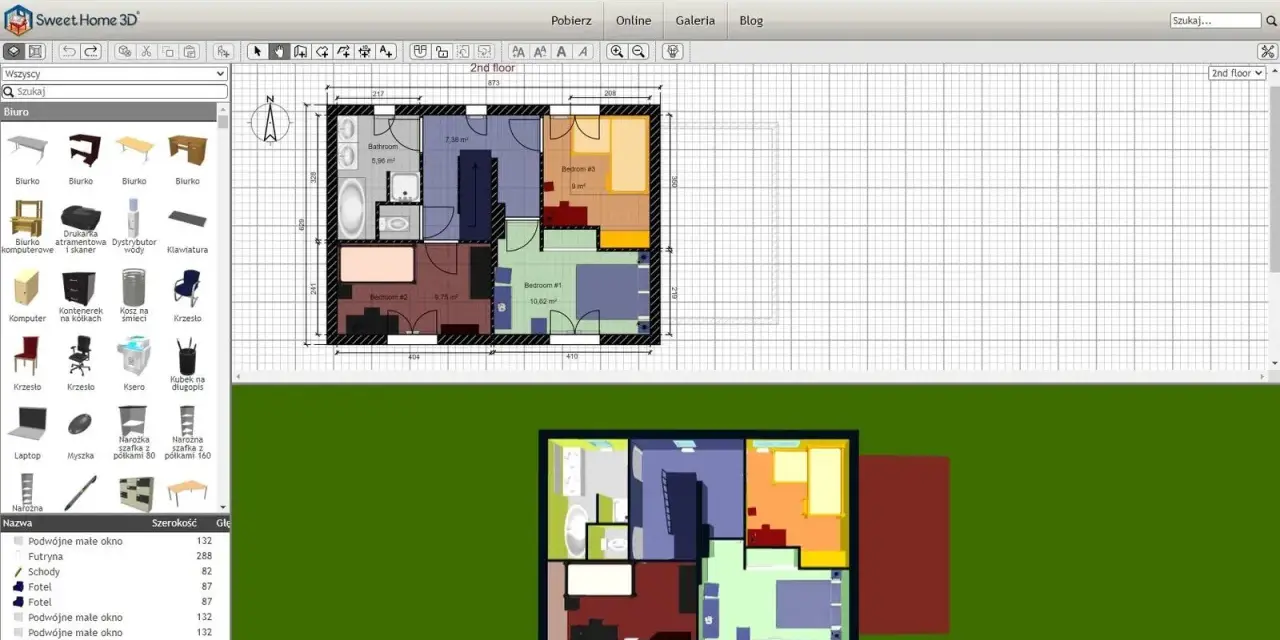 Program do projektowania domów Sweet Home 3D pokazuje rzut piętra z pokojami i meblami.