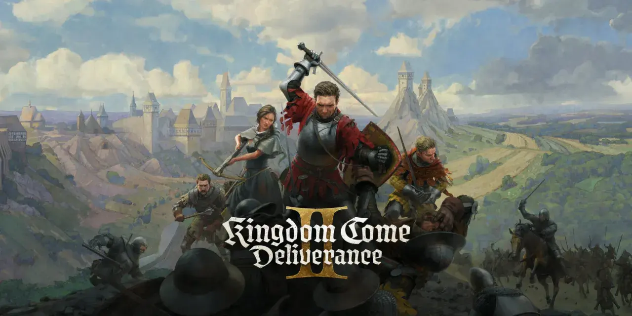 Zacięta bitwa w Kingdom Come: Deliverance II. Rycerze w zbrojach walczą mieczami i łukami na tle średniowiecznego miasta i zamków.