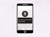 Telefon wyświetla komunikat: brak uprawnień aby włączyć pisanie głosowe. Ikona mikrofonu jest szara.