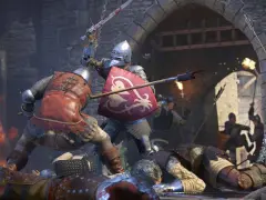 Zacięta bitwa w Kingdom Come: Deliverance. Rycerze w zbrojach walczą mieczami i tarczami, wokół leżą pokonani. Kody do gry mogą pomóc w tej brutalnej walce.
